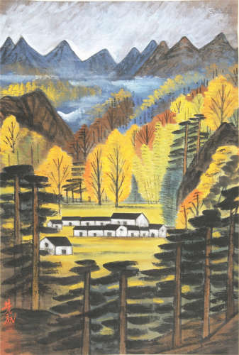 A CHINESE VERTICAL SCROLL OF PAINTING HOUSE VIEW IN MOUNTAIN BY LIN FENGMIAN