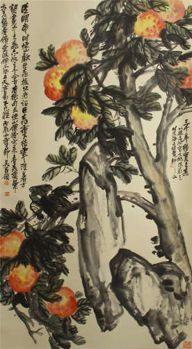 A CHINESE VERTICAL SCROLL OF PAINTING PEACH BY WU CHUANGSHUO