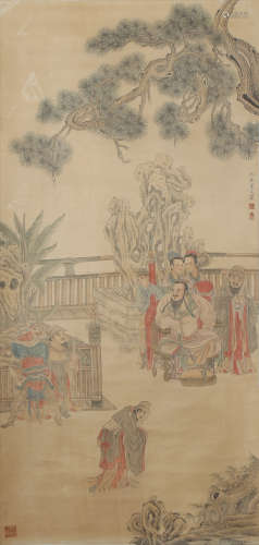 A CHINESE SCROLL PAINTING OF FIGURES AND STORY BY QIUYING