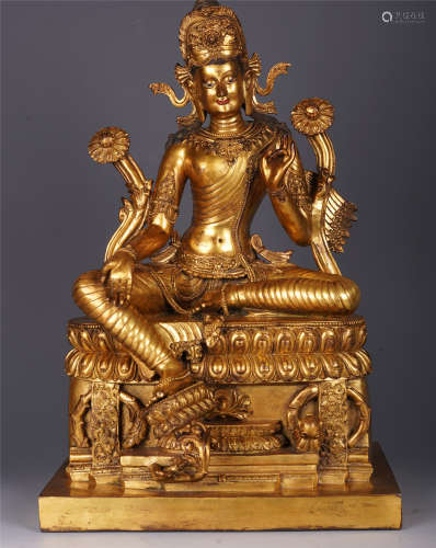 TIBETAN GILT BRONZE LOTUS HAND TARA SEATED STATUE