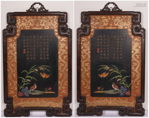 A PAIR OF CHINESE ROSEWOOD INLAID GEM STONE POEMS FLOWER AND BIRD PATTERN TABLE SCREEN