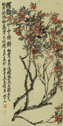 A CHINESE VERTICAL SCROLL OF PAINTING FLOWERS BY WU CHANGSHUO