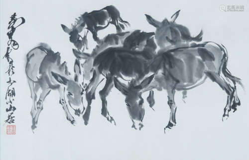 A CHINESE VERTICAL SCROLL OF PAINTING GROUPS OF DONKEYS BY HUANGZHOU