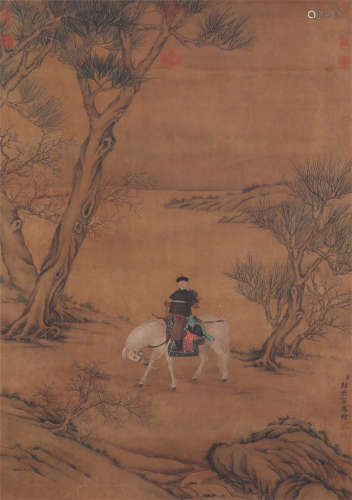 A CHINESE VERTICAL SCROLL OF PAINTING HUNTTING IN FOREST BY LANG SHINING