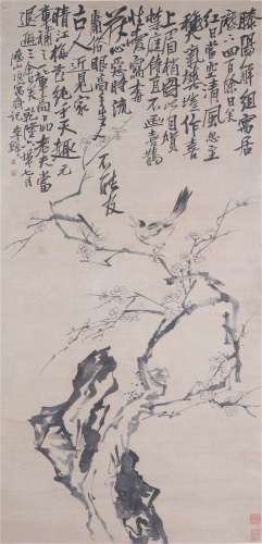 A CHINESE VERTICAL SCROLL OF PAINTING BIRD AND PLUM BRANCH BY LIFU