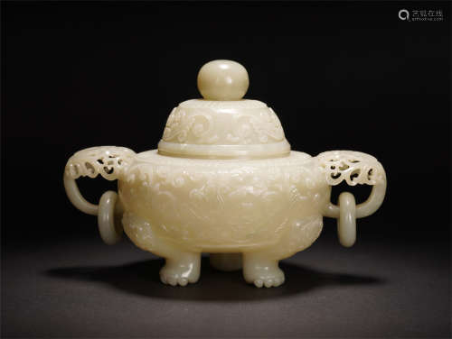 A CHINESE FLOWER PATTERN TRIPLE FEET WHITE JADE CENSER