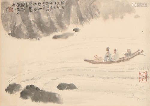 A CHINESE SCROLL PAINTING OF MOUNTAIN AND RIVER AND BOATING BY FU BAOSHI