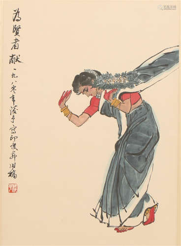 A CHINESE SCROLL PAINTING OF DANCING GIRL BY YE QIANYU