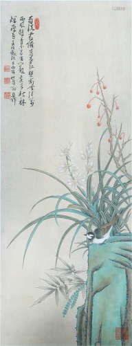 A CHINESE SCROLL OF PAINTING ORCHID AND STONE BY XIE ZHILIU