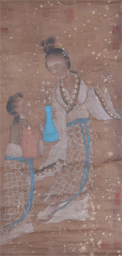 A CHINESE VERTICAL SCROLL OF PAINTING ANCIENT WOMAN BY WANGSHEN