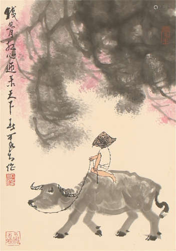 A CHINESE VERTICAL SCROLL PAINTING OF BOY RIDE CATTLE BY LI KEQI