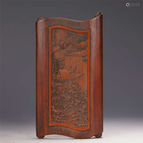 A CHINESE BAMBOO CARVED FIGURE AND STORY ARM REST