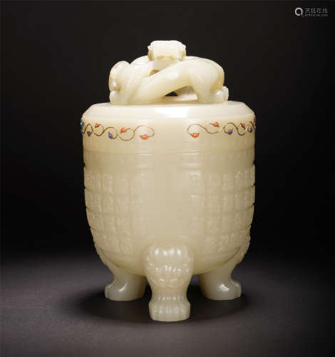 A CHINESE INLAID GEM STONE DRAGON HANDLE WHITE JADE CENSER