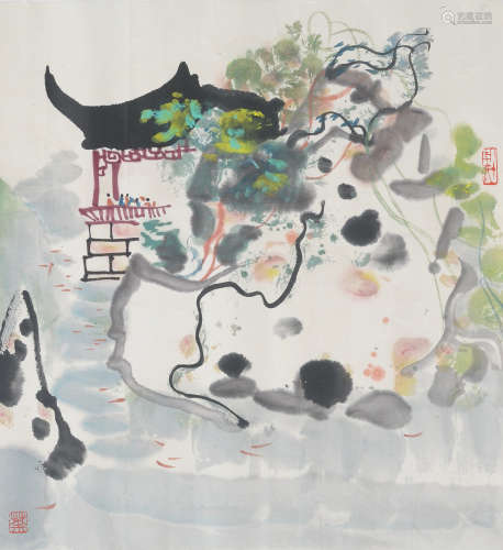 A CHINESE SCROLL OF PAINTING WATER TOWN BY WU GUANZHONG