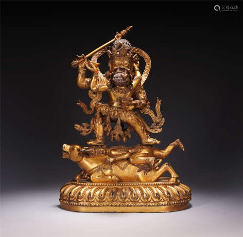 TIBETAN GILT BRONZE BUDDHIST GUARDIAN STANDING STATUE