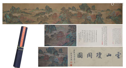 A CHINESE LONG SCROLL PAINTING OF MOUNTAIN SCENERY BY QIUYING