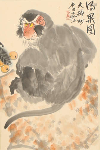 A CHINESE SCROLL PAINTING OF MONKEY BY LIYAN