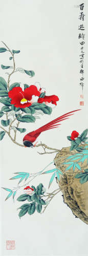 A CHINESE SCROLL OF PAINTING FLOWER AND BIRD BY TIAN SHIGUANG