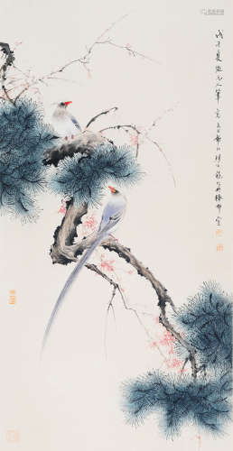 A CHINESE SCROLL OF PAINTING FLOWER AND BIRD BY YAN BOLONG