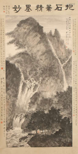 A CHINESE SCROLL INK PAINTING OF MOUNTAIN AND WATERFALL BY FU BAOSHI