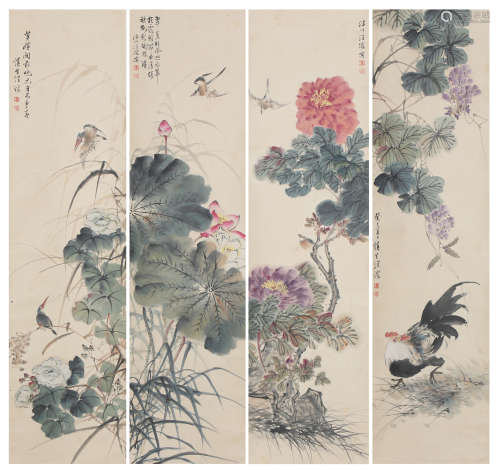FOUR PANELS OF CHINESE SCROLL PAINTING FLOWER AND BIRD BY WANG SHENSHENG