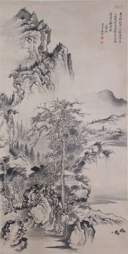 A CHINESE VERTICAL SCROLL OF INK PAINTING SCENERY BY TANGYIN