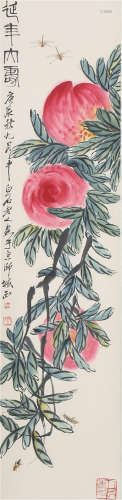 A CHINESE VERTICAL SCROLL PAINTING OF PEACH BY QI BAISHI