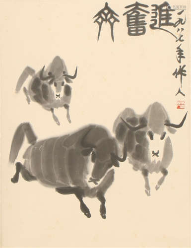 A VERTICAL SCROLL OF PAINTING RUNNING CATTLE BY WU ZUOREN
