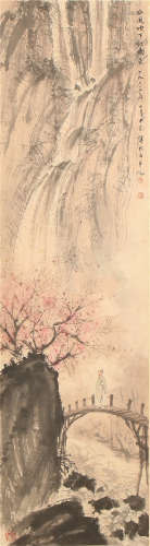 A CHINESE SCROLL PAINTING OF MOUNTAIN AND FIGURE BY FU BAOSHI