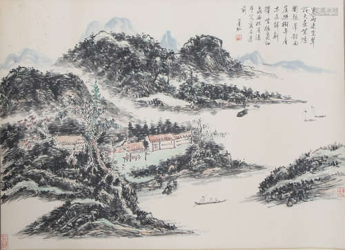 A CHINESE SCROLL PAINTING OF MOUNTAIN AND RIVER BY HUANG BINHONG