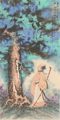 A CHINESE SCROLL PAINTING OF ELDER IN PINETUM FOREST BY ZHANG DAQIAN