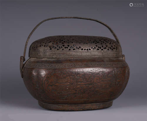 A CHINESE FULL CARVED BRONZE HANDWARMER BURNER