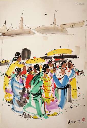 A CHINESE VERTICAL SCROLL OF PAINTING FESTIVAL CELEBRATION BY WU GUANZHONG