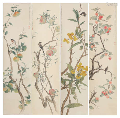 FOUR PANELS OF CHINESE SCROLL PAINTING FLOWERS BY XIE YUEMEI