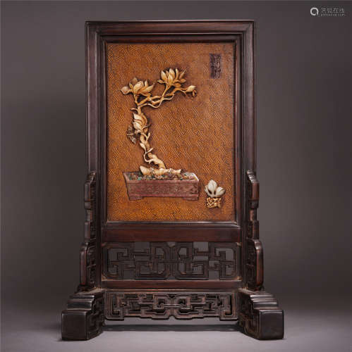 A CHINESE ROSEWOOD INLAID GEM STONE FLOWER PATTERN TABLE SCREEN