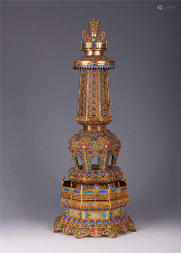 A CHINESE GILT SILVER FILIGREE INLAID TOURMALINE BUDDHIST NICHE TOWER