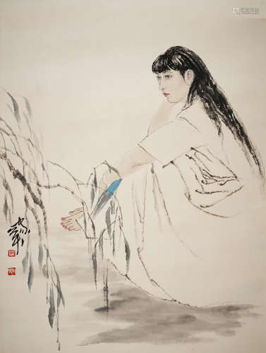 A CHINESE VERTICAL SCROLL OF PAINTING GIRL BY HE JIAYING