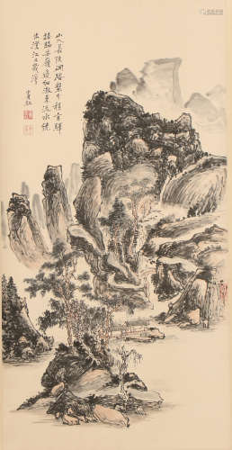 A CHINESE VERTICAL SCROLL PAINTING OF MOUNTAIN AND HOUSE BY HUANG BINHONG