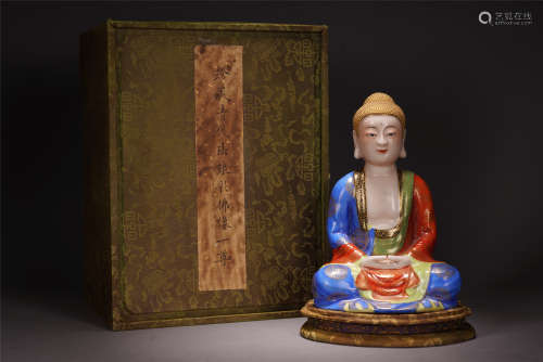 A CHINESE PORCELAIN ENAMEL FLOWER AMITABHA BUDDHA SEATED STATUE
