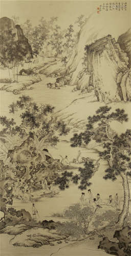 A CHINESE VERTICAL SCROLL OF PAINTING FIGURE IN MOUNTAINS BY CHEN SHAOMEI