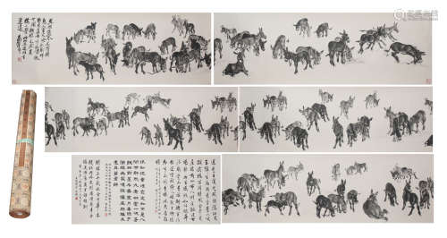 A CHINESE LONG SCROLL PAINTING OF HUNDREDS DONKEYS BY HUANGZHOU