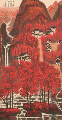 A CHINESE VERTICAL SCROLL PAINTING OF RED MOUNTAINS AND TREE BY LI KEQI