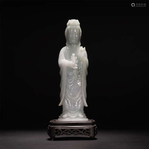 A CHINESE JADEITE GUANYIN STANDING STATUE TABLE ITEM