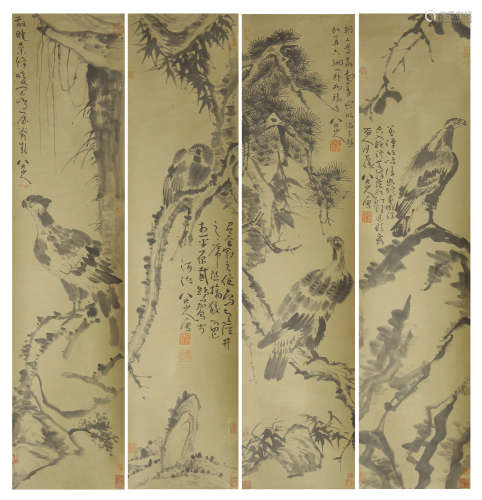 FOUR HANGING PAINTING SCROLLS OF EAGLES BY BADASHANREN