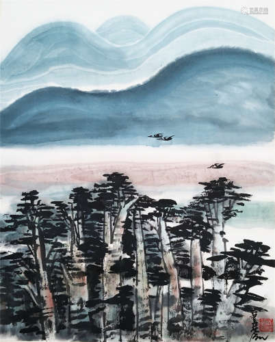 A CHINESE VERTICAL SCROLL OF PAINTING LANDSCAPE SCENERY BY LIN FENGMIAN