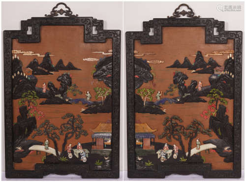 A PAIR OF CHINESE ZITAN INLAID GEM STONE FIGURE STORY HANGING SCREEN