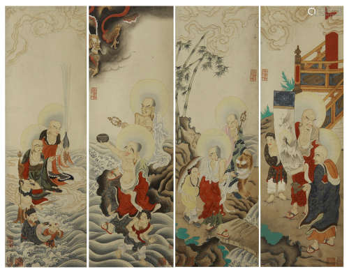 FOUR PANELS OF CHINESE SCROLL PAINTING LUOHAN