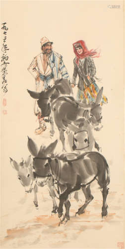 A CHINESE VERTICAL SCROLL PAINTING OF GROUP OF DONKEYS BY HUANGZHOU