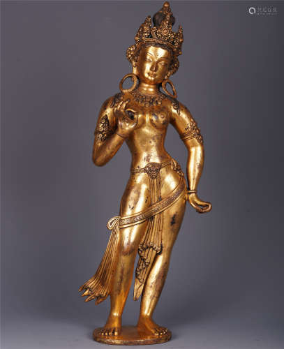 TIBETAN GILT BRONZE GUANYIN STANDING STATUE