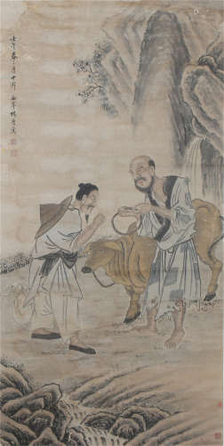 A CHINESE SCROLL PAINTING OF FIGURE AND STORY BY YANGJIN